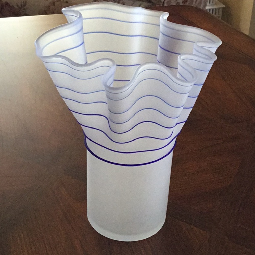 White glass vase with blue stripes